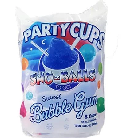 Sno-Balls To Go - Bubble Gum Party Pack - 8x 4oz cups, showing a clear plastic bag with colorful bubbles and the product label with blue snowball image and text.