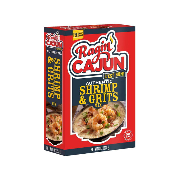 Ragin Cajun Authentic Shrimp & Grits mix, product packaging with a bowl of shrimp and creamy grits topped with chopped green onions.