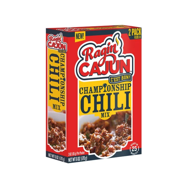 Ragin Cajun Ragin' Cajun Championship Chili Mix, boxed seasoning mix for making spicy chili with a picture of cooked chili in a bowl.