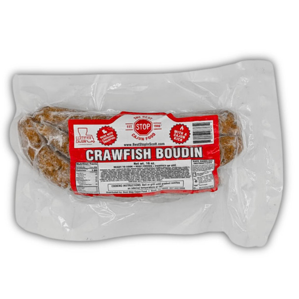 The Best Stop Crawfish Boudin, packaged seafood product with red and white label in clear plastic wrapper