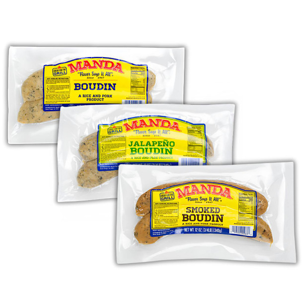 Manda Fine Meats Manda Boudin Sample Kit 12oz, packaged boudin sausages with three varieties: Boudin, Jalapeño Boudin, and Smoked Boudin in vacuum-sealed plastic packaging.