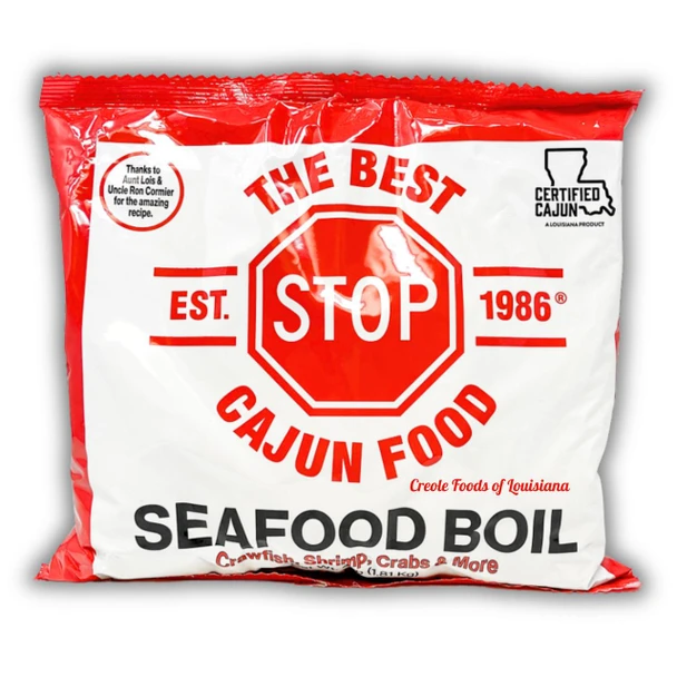 The Best Stop Cajun Food Seafood Boil 4lb, packaged seafood boil mix with crawfish, shrimp, crabs, and more, in a red and white bag.