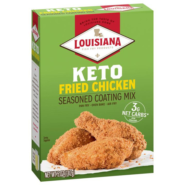 Fried Chicken Keto Seasoned Coating Mix – 5 oz., product packaging with seasoned fried chicken pieces and branding.