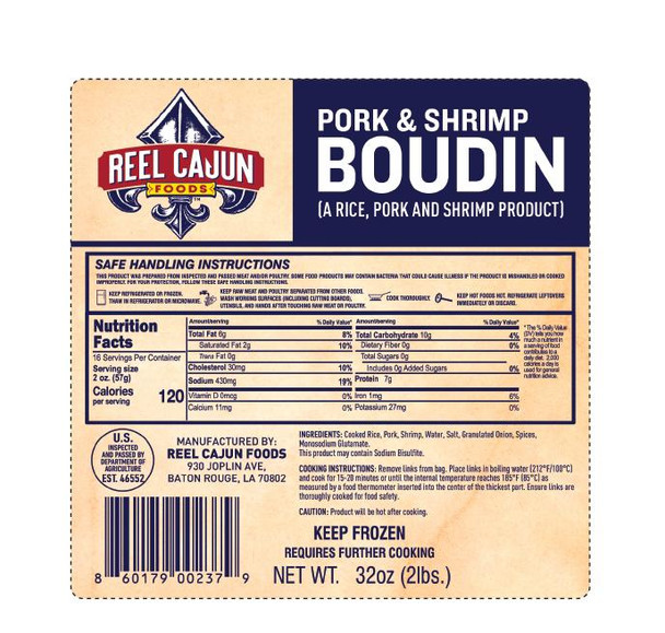 Reel Cajun Crawfish & Pork Boudin 2lb, packaged cajun seafood and pork sausage product with detailed nutritional label and manufacturing information.