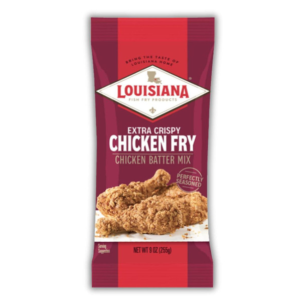 Louisiana Fish Fry Extra Crispy Chicken Fry 9oz, image of a package of Louisiana Fish Fry Extra Crispy Chicken Fry mix with an image of crispy fried chicken pieces on the front.
