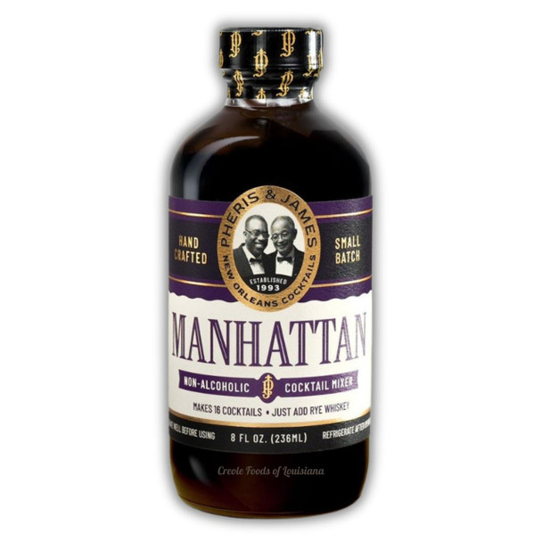 Pheris & James Manhattan Cocktail Mix - 8 fl oz, non-alcoholic cocktail mixer in a dark glass bottle with a purple and gold label and black cap.