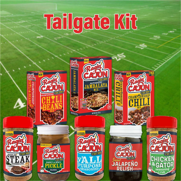 Ragin Cajun Tailgate Kit, assortment of Cajun seasoning and mix products displayed on a football field background.