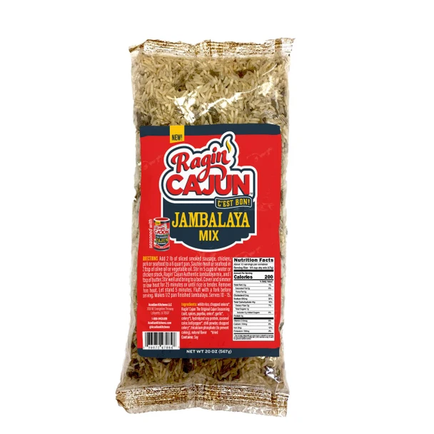Ragin Cajun Ragin’ Cajun Authentic Jambalaya 20oz - Food Service, packaged jambalaya mix in a clear plastic bag with a red and black label containing cooking instructions and nutritional facts.