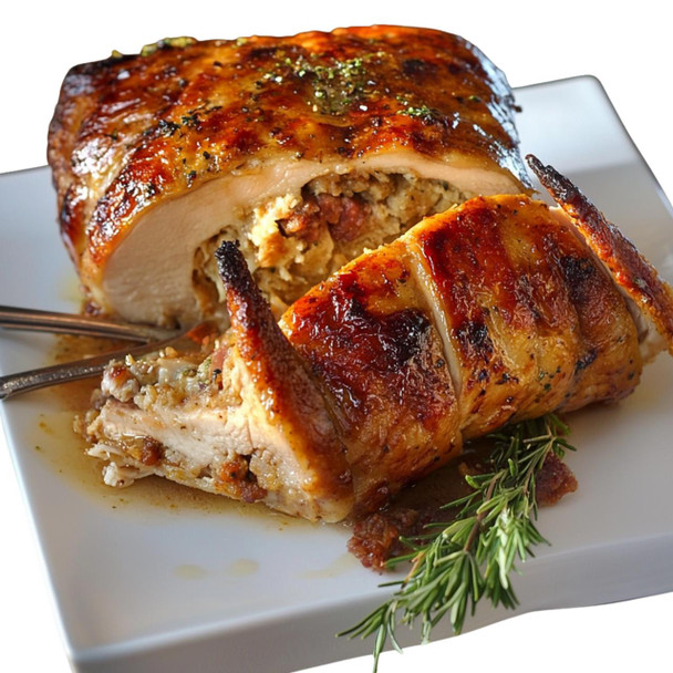 Creole Foods of Louisiana Creole Pork Sausage Turducken 15lbs, cooked and sliced, served on a white plate with a sprig of rosemary.