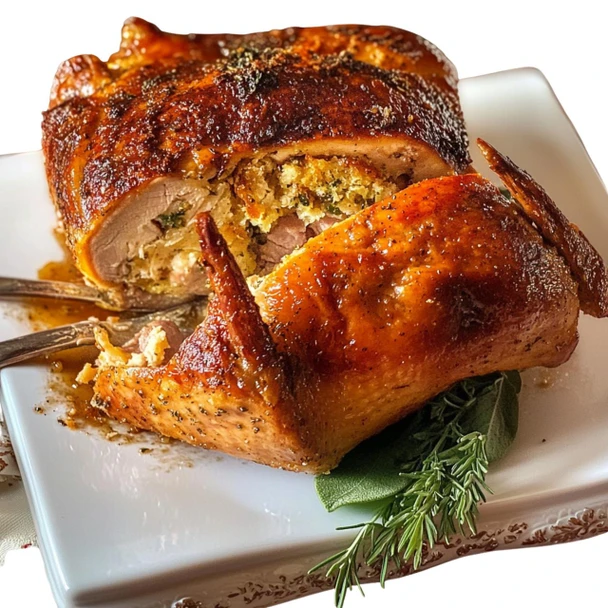 Creole Foods of Louisiana Chicken Sausage Turducken 15lbs, cooked turducken with chicken sausage, stuffed with seasoned stuffing, served on a white plate with herbs for garnish.