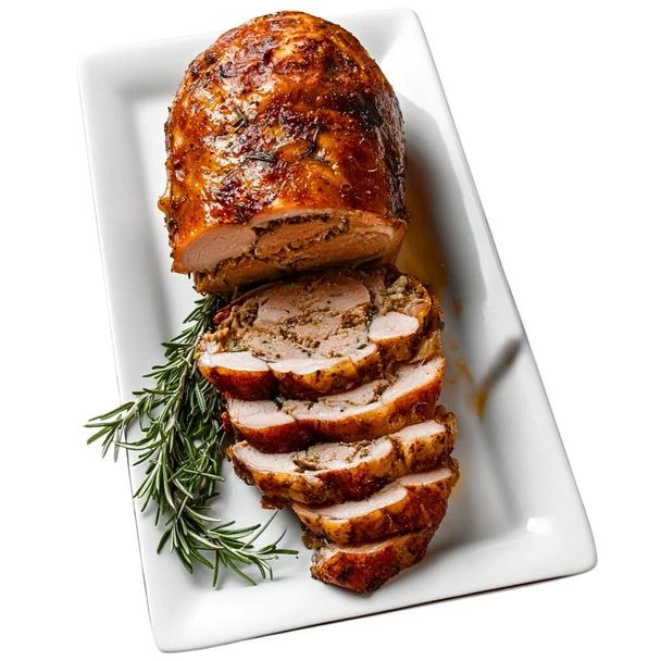 Creole Foods of Louisiana Creole Pork Sausage Turducken Roll 5lbs, cooked and sliced on a white platter garnished with rosemary