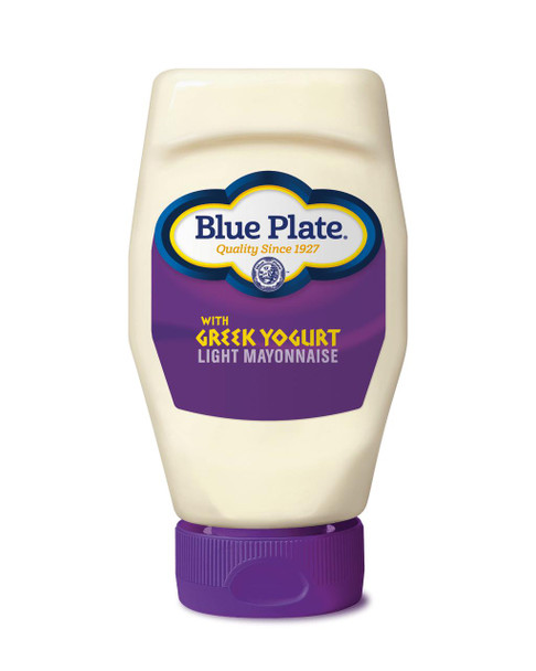 Blue Plate Light Mayonnaise With Greek Yogurt, 12 oz plastic squeeze bottle featuring a purple label and yellow text