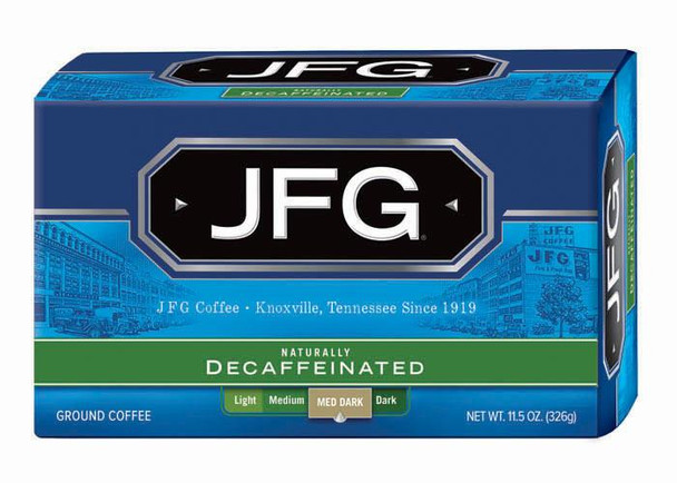 JFG Decaf Bag AD, a blue rectangular box of decaffeinated coffee containing 11.5 ounces of ground coffee with a green label indicating medium dark roast.