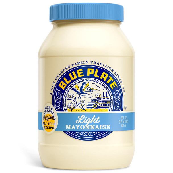 Blue Plate Light Mayonnaise 30 oz, jar of creamy mayonnaise with blue lid and label highlighting original all yolk recipe and rich texture.