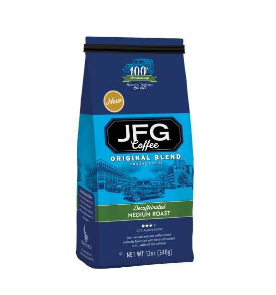 JFG Original Blend Decaffeinated 12 oz bag, blue packaging with vintage car illustration and bold black and white JFG logo.