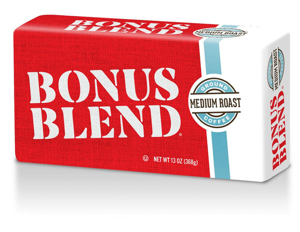 Bonus Blend Pure Medium 13 oz, coffee product packaging with red and white design and blue circular logo indicating medium roast ground coffee.