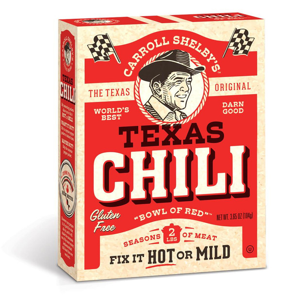 Carroll Shelby's Original Texas Chili Kit, a 3.65 oz box with a vintage design featuring a smiling man in a hat, checkered flags, and bold red and black text highlighting the product as gluten-free, with options to fix it hot or mild.