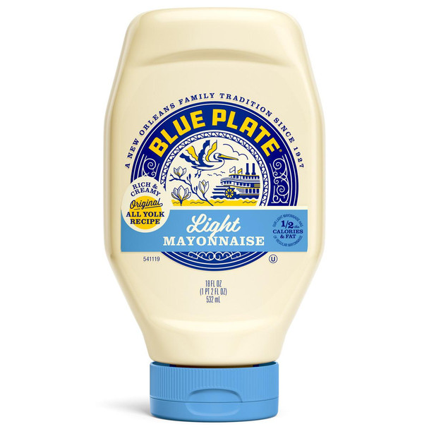 Blue Plate Light Squeeze Mayonnaise 18 oz, squeeze bottle of creamy light mayonnaise with blue and yellow label featuring a heron, river scene, and product information.