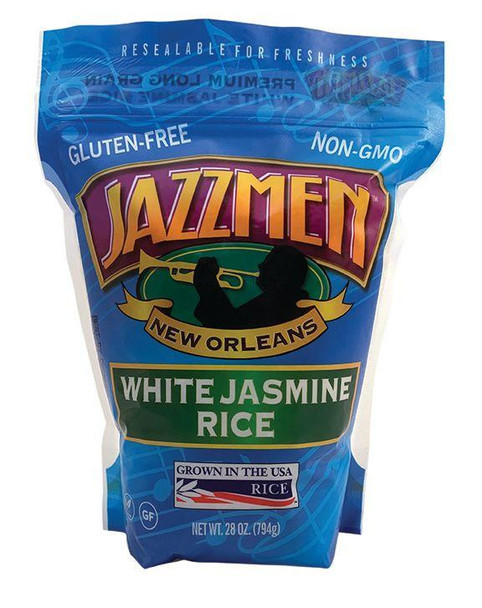 Jazzmen Rice, product image of Jazzmen White Jasmine Rice 28oz package with blue packaging and label indicating gluten-free and non-GMO.