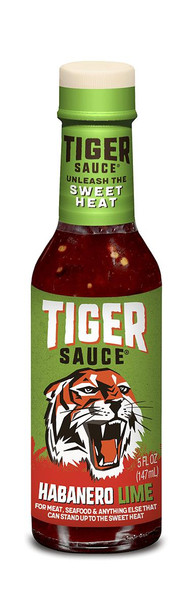 Try Me Tiger Habanero Lime Sauce 5 oz, a bottle of spicy hot sauce with a green cap and label featuring a fierce tiger illustration and lime flavor indication.