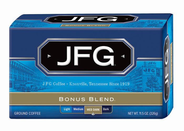 JFG Bonus Blend Bag AD 11.5 oz, package of ground coffee with medium dark roast labeling.