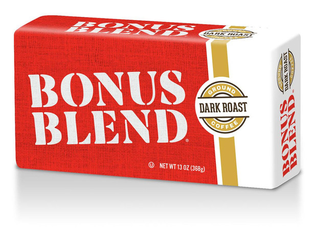 Bonus Blend Pure Dark 13 oz, packaging of ground dark roast coffee in a red and white box with gold accents and bold white text.