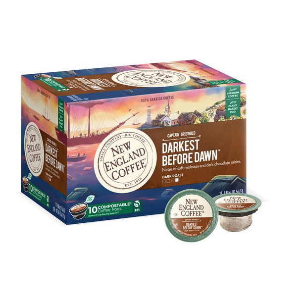 New England Coffee Captain Griswold Darkest Before Dawn Single Serve 10 ct Box, colorful coffee product packaging with an illustration of a harbor scene, featuring a sailboat, nautical buildings, and a sunset sky.