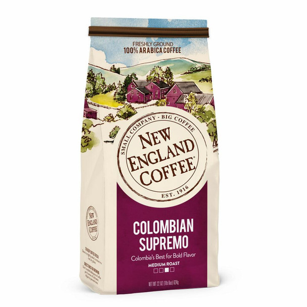 New England Coffee Colombian Supremo Ground 11 oz, a package of ground coffee with colorful illustrated countryside scene on the label.