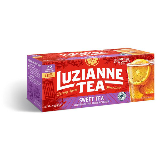 Luzianne Family Size Iced Sweet Tea Bags 22 Count, box of pre-sweetened tea bags with a picture of a glass of iced sweet tea with lemon on the label.