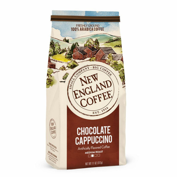 New England Coffee Chocolate Cappuccino Ground 11 oz, illustrated coffee packaging with landscape art and coffee flavor label.