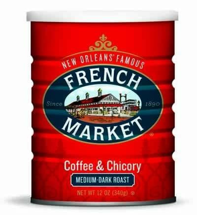 French Market Coffee Medium - Dark Roast Coffee & Chicory 12 oz, red container with French Market logo and highlighted text for medium-dark roast.