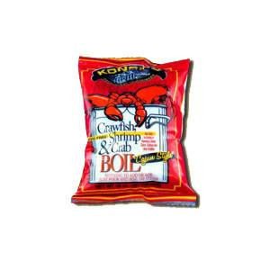Conrad Rice Mill Konriko Crab Boil 16oz, colorful package with a crab illustration and text indicating it's for seafood boil.