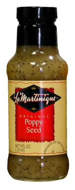 La Martinique Original Poppy Seed 10 oz, glass jar filled with yellow poppy seeds with black specks and a black lid.