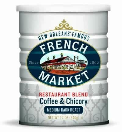 French Market Coffee Medium-Dark Roast Coffee & Chicory Rest, Bld 12 oz White Can, showcasing the product label with New Orleans' French Market branding and a depiction of a historic building.