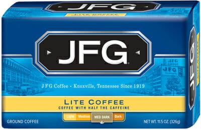JFG Lite Half the Caffeine Bag, a blue packaging of 11.5 oz coffee with the JFG logo and label indicating it's light coffee with half the caffeine.