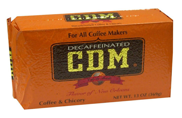 CDM Coffee & Chicory Decaf Bag FAC 13 oz, orange package of decaffeinated coffee and chicory for all coffee makers.