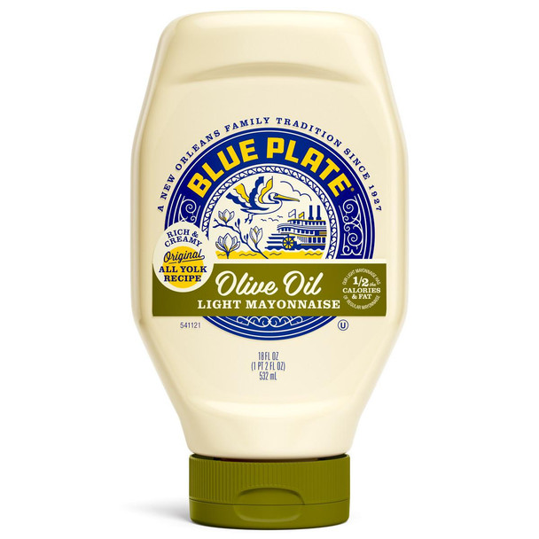 Blue Plate Olive Oil Mayonnaise 18 oz Squeeze, a squeezable bottle of light mayonnaise with a blue, white, and green label featuring a bird and a boat illustration.