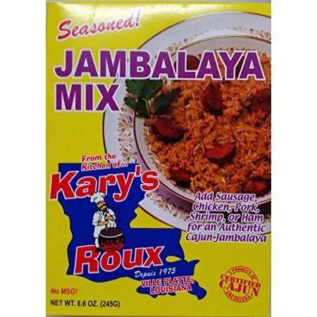 Kary's Roux Kary's Jambalaya Mix 8.6oz, box with a plate of jambalaya and Louisiana map outline