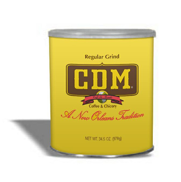 CDM Coffee & Chicory Can 34.5 oz, yellow can of coffee and chicory blend with a silver lid.