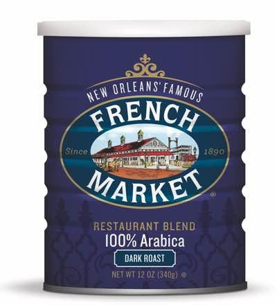 French Market Coffee Restaurant Blend Dark Roast Coffee 12 oz, product packaging featuring a blue container with the French Market logo and text indicating a 100% Arabica dark roast blend.