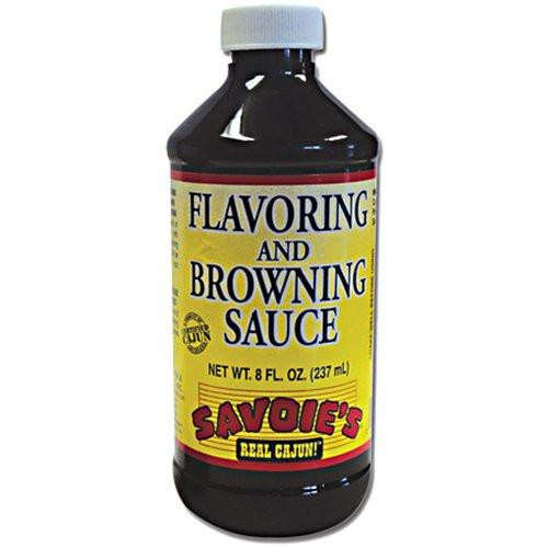 Savoie's Browning Sauce 8oz, a bottle of flavored sauce with a yellow label and white cap.