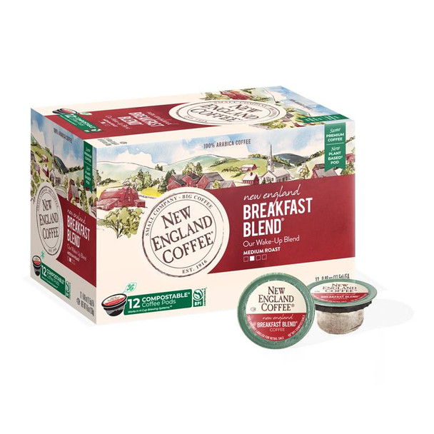 New England Coffee Breakfast Blend Single Serve 12 ct Box, box of coffee pods with a scenic New England town illustration on packaging.