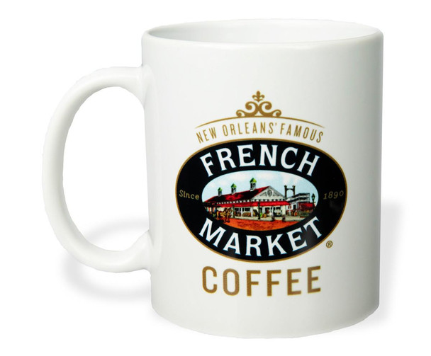 French Market Coffee White Ceramic Mug, featuring a vintage French Market logo with colorful illustration and gold accents.