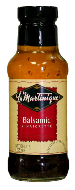La Martinique Balsamic Vinaigrette 10 oz, glass bottle of balsamic salad dressing with black cap and vintage-style label.