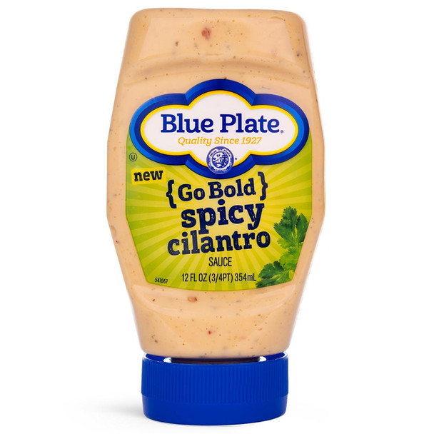 Blue Plate Go Bold Sauce Spicy Cilantro, 12 oz bottle of spicy cilantro-flavored sauce in a squeeze bottle with blue cap and label showing cilantro leaves and product details.