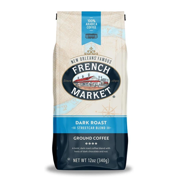 French Market Coffee Streetcar Blend Dark Roast Blue Bag 12 oz, image of a coffee bag featuring a city map background and a blue banner.