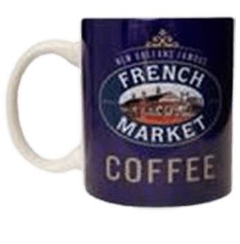 French Market Coffee Blue Ceramic Mug, a dark blue ceramic mug with 