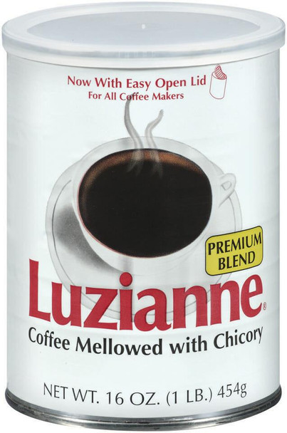 Luzianne Premium Blend Medium Dark Roast C&C 1 Lb Can, white container with a coffee cup illustration, featuring bold red and yellow text, and an open lid indicated at the top.