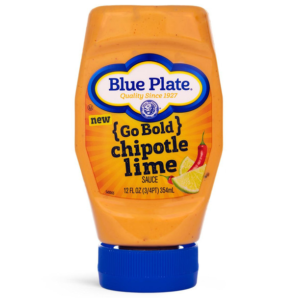 Blue Plate Go Bold Sauce Chipotle Lime, 12 oz bottle of spicy chipotle lime sauce with chili pepper and lime images on the label