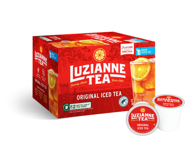 Luzianne Unsweet Tea Single Serve Pods 12 Count, box of tea pods and two individual tea cups showing the Luzianne logo and iced tea beverage.